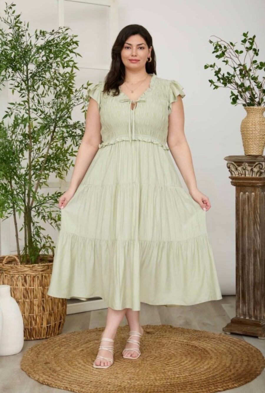 Sage Green Smocked Ruffle Midi Dress – Size 1X